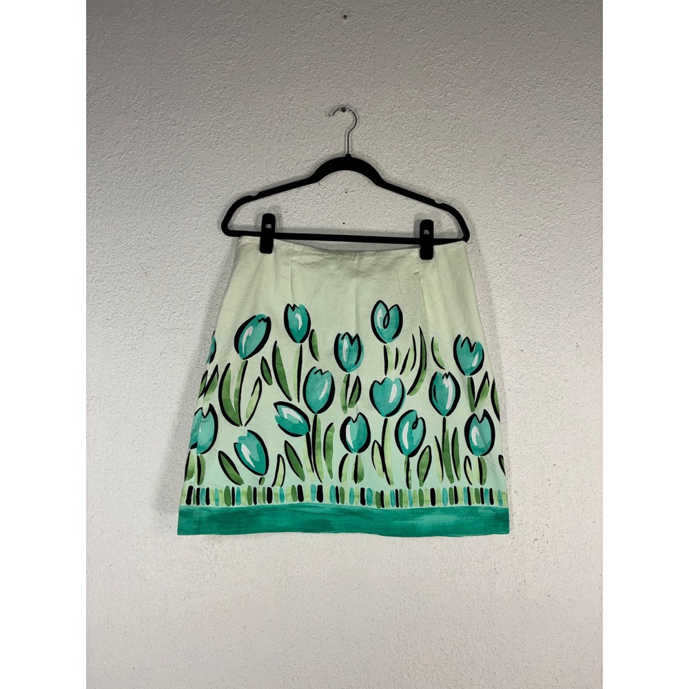 Talbots Womens 14 Green Tulip Floral Print Stretch Cotton Skirt Knee Length